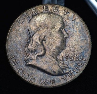 1958 Toned Ben Franklin Half Dollar 50c- UNC Toning From US Mint Set 90% Silver