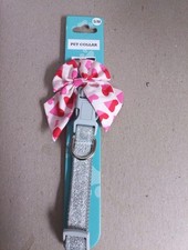 Valentine Female Dog Collar W/ Bow Hearts Glitter Silver Adjustable Size S/M New