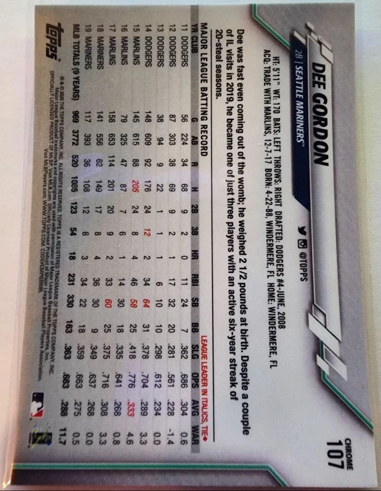 2020 Topps Chrome Dee Gordon Seattle Mariners #107 - Image 2 of 2