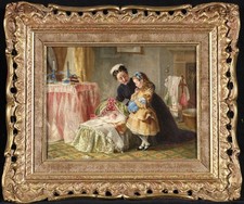 19th CENTURY ENGLISH GENRE OIL ON CANVAS - MOTHER AND CHILDREN IN INTERIOR