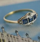 Emerald Cut Simulated Blue Sapphire Art Deco Vintage Ring 14k Yellow Gold Plated