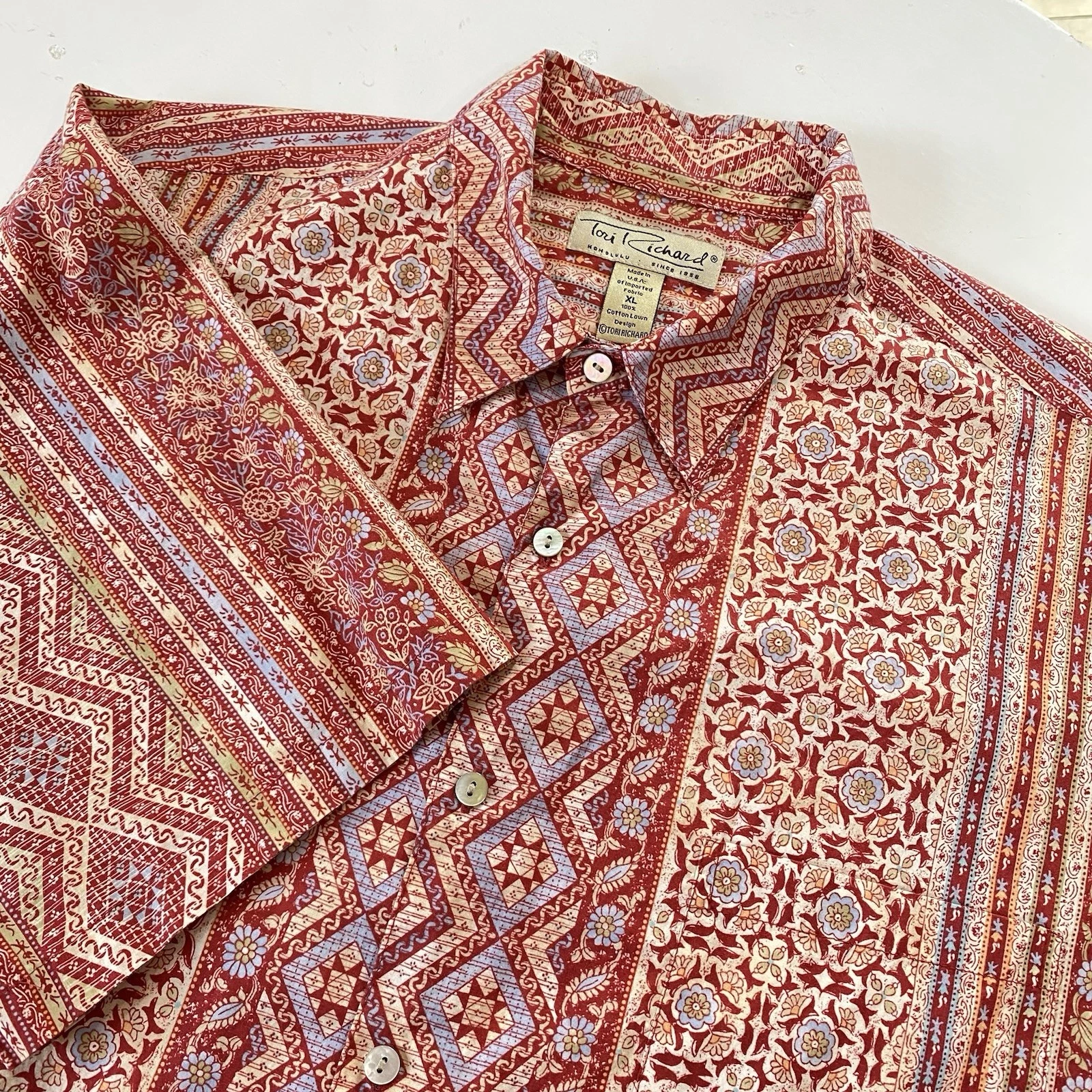 VTG Tori Richard Hawaiian Cotton Lawn Shirt XL Red Floral Stripe Retro Grandpa
