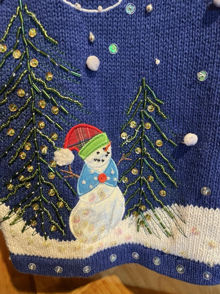Kim Rogers Womens Christmas Sweater Sequin Snowmen Santa Winter Size XL Blue - Image 4 of 4