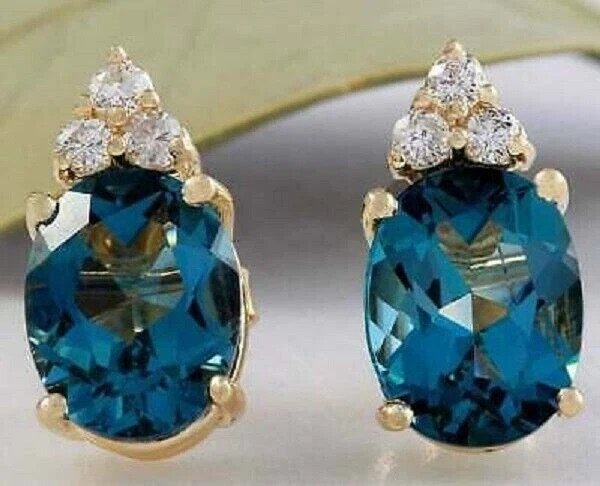 4Ct Oval Cut London Blue Topaz Women's Push Stud Earrings 14K Yellow Gold Finish
