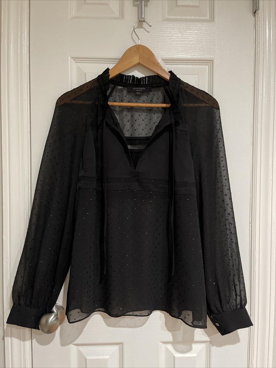 All Saints Veda Sheer Shimmer Top 165/88A Black Women's Size