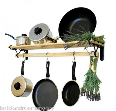 IRONMONGERY WORLD Traditional Country Kitchen Shelf Pot Pan Rack Holder Hanger With Cast Iron Ends