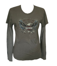 Harley Davidson Tshirt Thermal Long Sleeves Green w/ Eagle Rhinestones Womens L