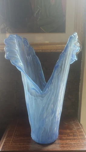 Vintage Murano Art Glass Mid century Blue Swirl Free form Wave Vase MCM Italy