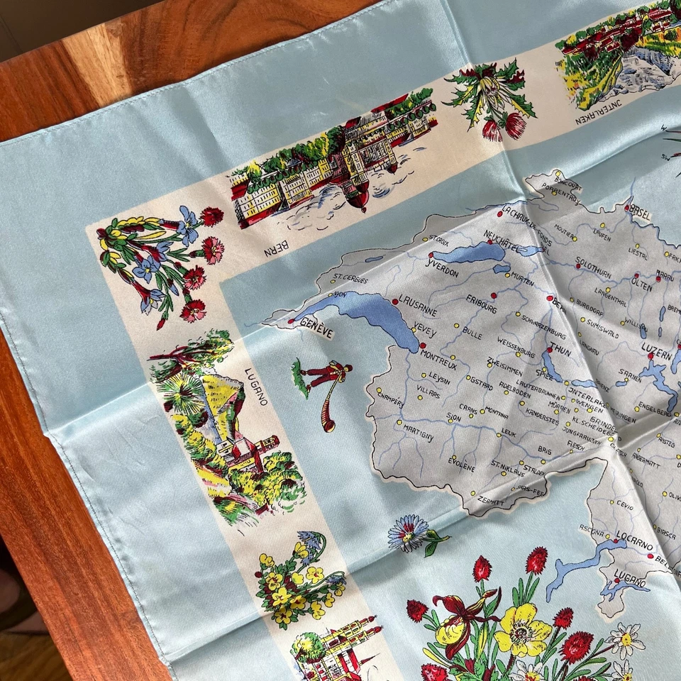 Pañuelo de recuerdo de seda mapa de Suiza vintage diseño de ciudades suizas 19 pulgadas Foto 3 de 4