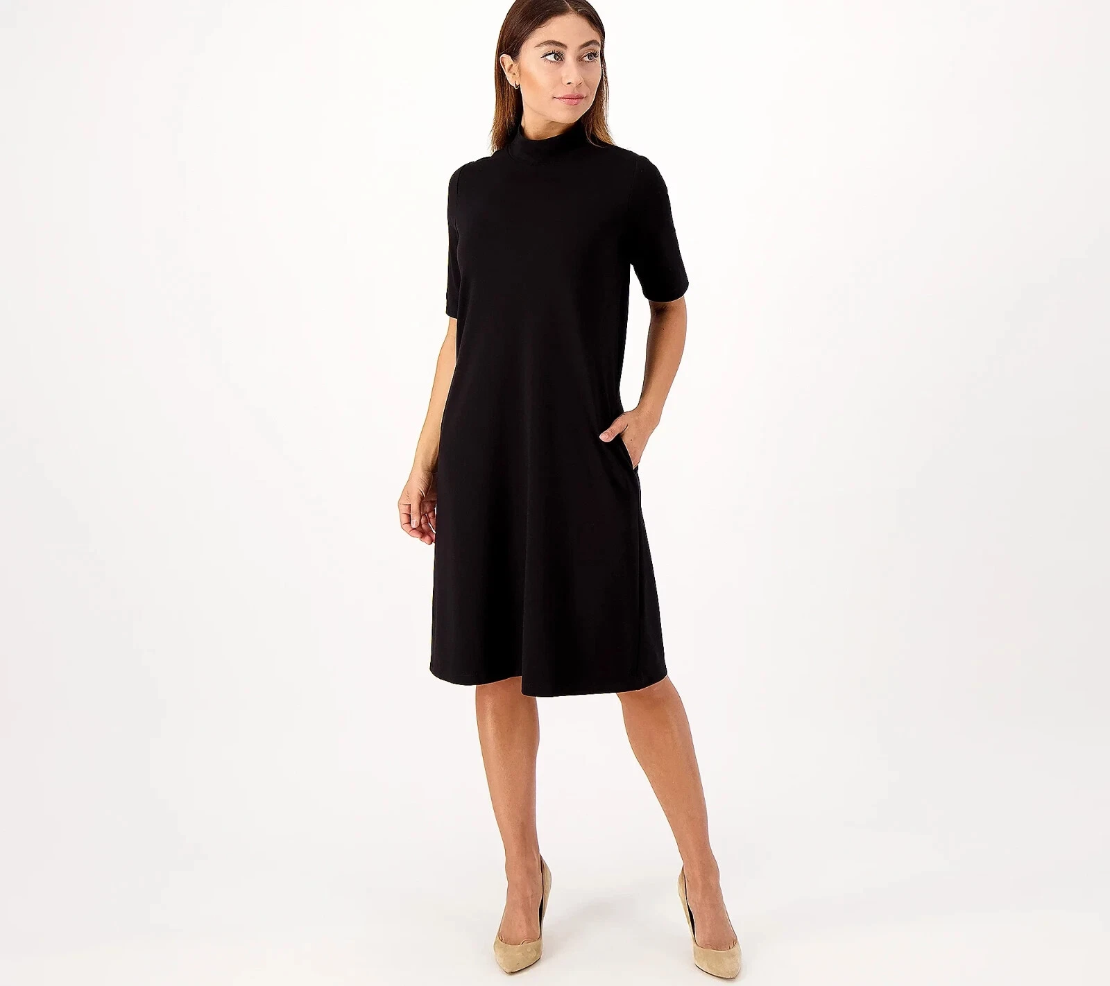 Robe coude simulée noire Susan Graver Every Day Supreme en tricot coude slv 1XP A554282