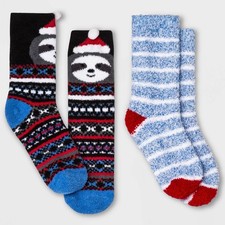 Kids' XS/S 2pk Sloth Cozy Crew Socks - Wondershop Blue Xmas Holiday