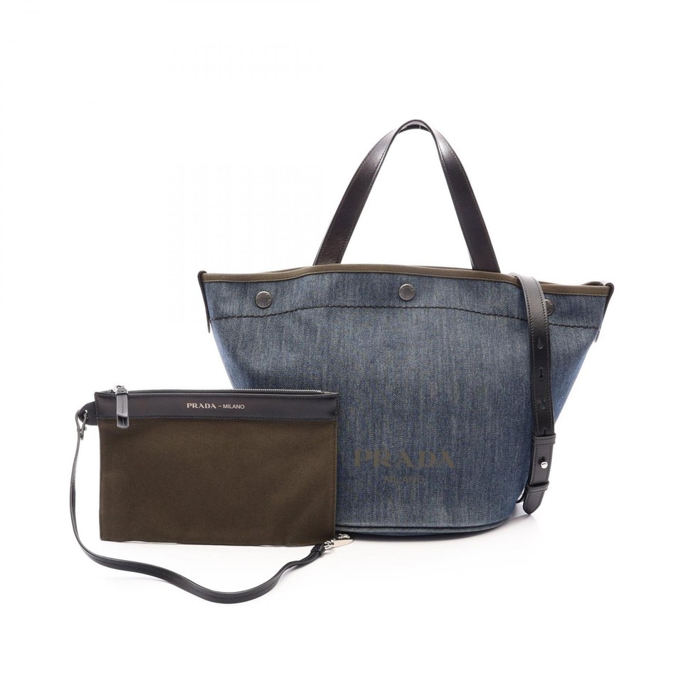 PRADA DENIM CITY CALF Shoulder Crossbody Tote Handbag Denim leather Navy Used
