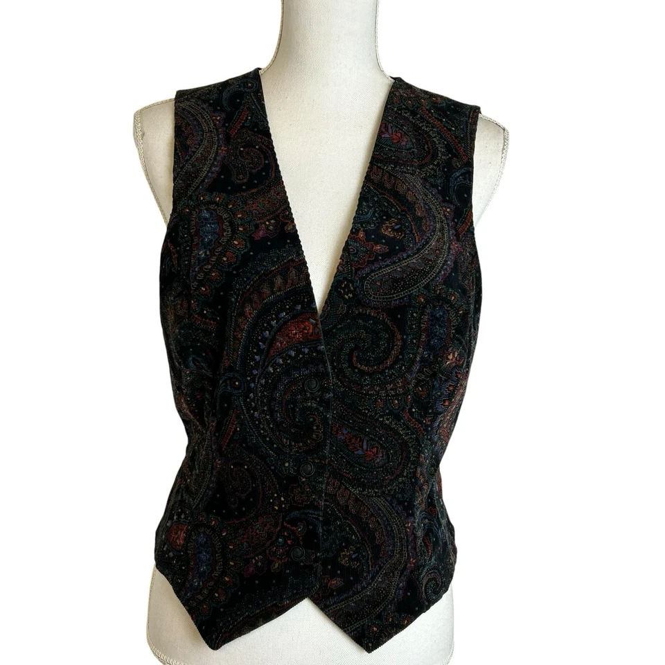 Chaleco de pana de colección para mujer pequeño ecuestre occidental cachemira negro multi vaquera Foto 3 de 4