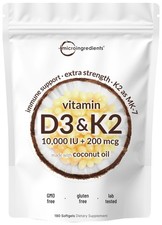 Vitamin D3 10,000 IU  K2 MK-7 200 mcg, 180 Softgels  Virgin Coconut Oil  2...