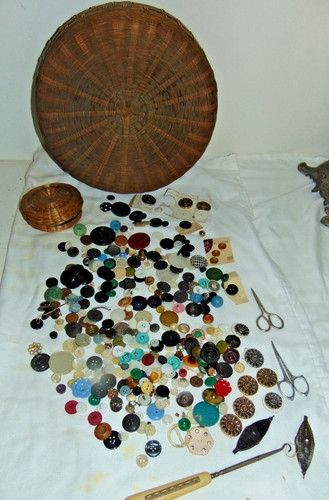 Vintage Lot Woven Wicker Rattan 11” Round Sewing Basket,Buttons +more