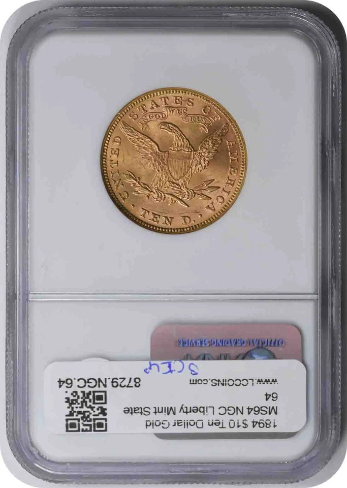 1894 $10 Gold Liberty Head MS64 NGC - Image 2 of 4