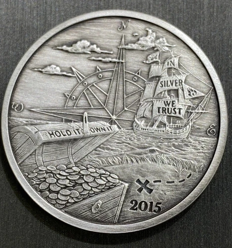 2015 Silverbug Ship Round Bullion 1 Oz .999 Silver Galleon Antiqued Silver Coin