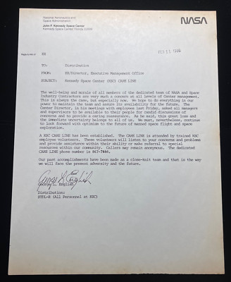 1986 NASA * CARE LINE * MEMO LETTER TO PERSONNEL POST CHALLENGER'S ACCIDENT