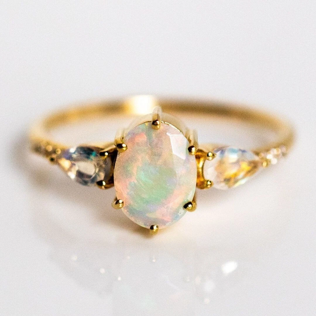 Natural Opal Moonstone Ring 9K Solid Gold ring Pear cut 2 ct stone