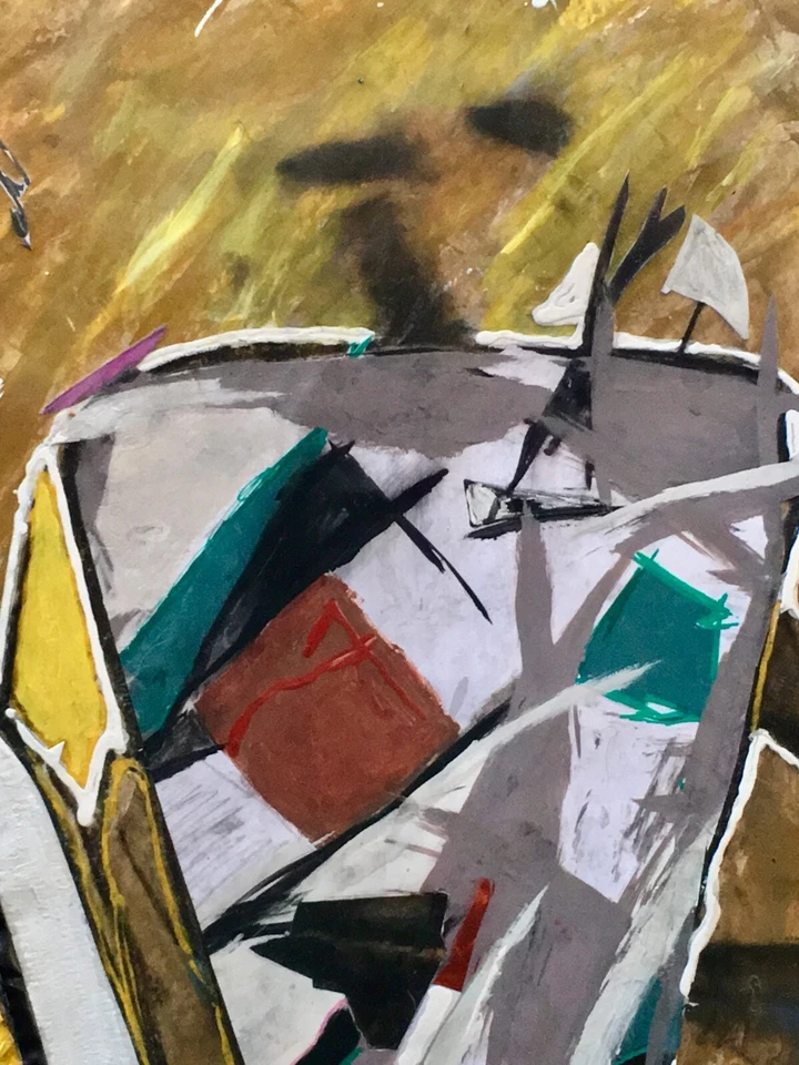 ANGLES Black Yellow White Blue Abstract Figure Person Collage Painting - Image 3 of 4