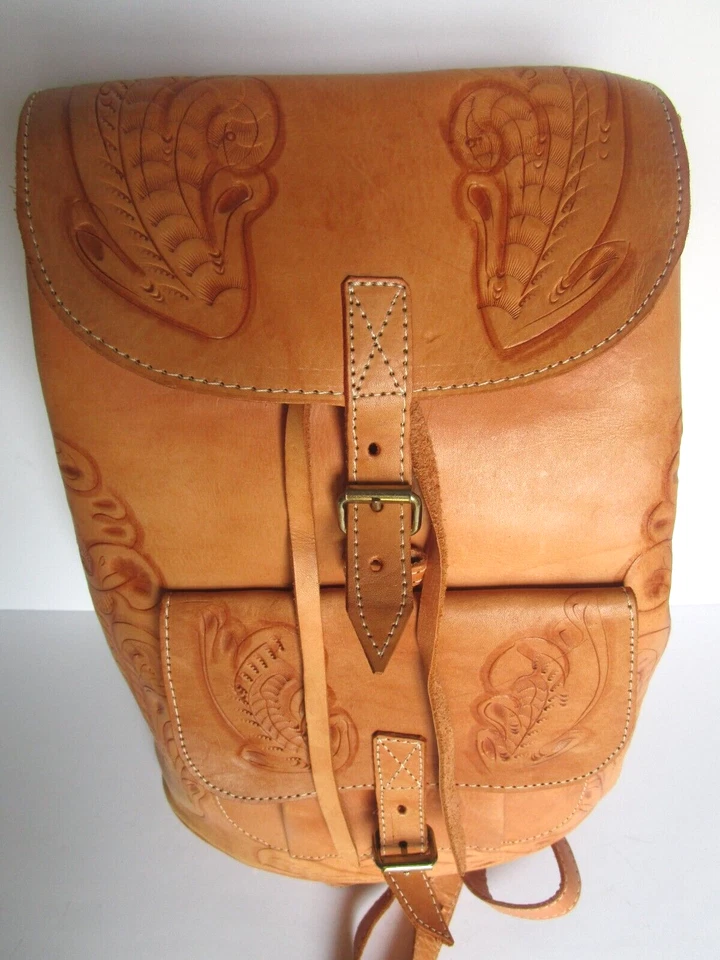 Light Tan Floral Carving Real 100% Leather Backpack - Preowned - Image 4 of 4