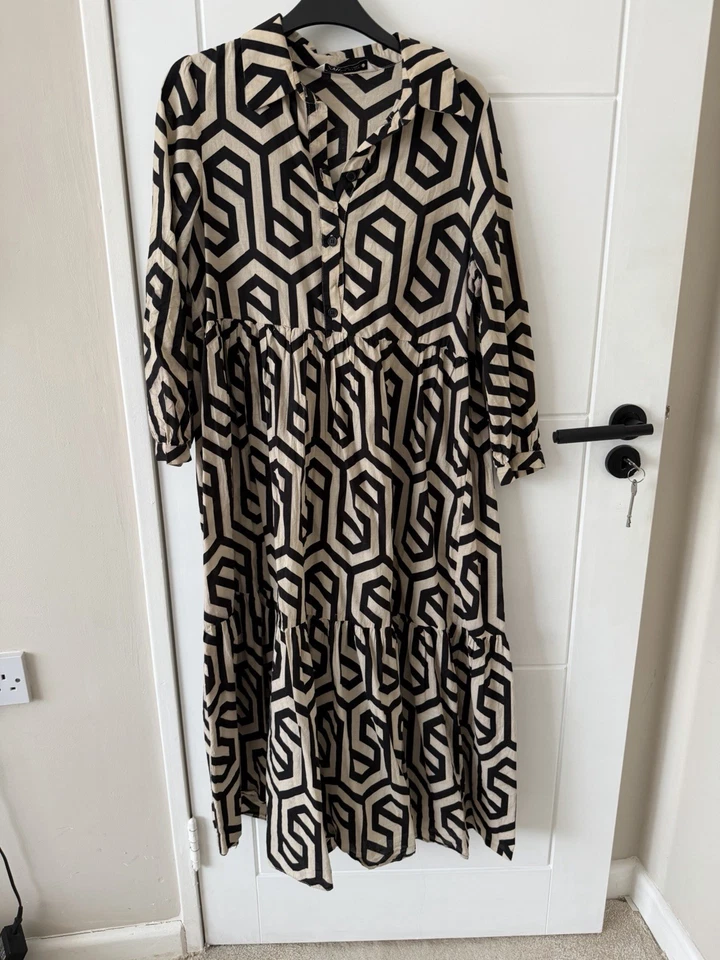 Zara Geometric Print Midi Maxi Shirt Dress Beige Black Size M - Image 1 of 4