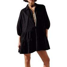 Free People Mini Dress Misha Free-Est Tiered 3/4 Sleeves Black Size Small BNWT