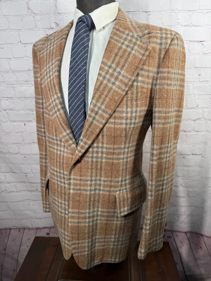 男式棕色 GLEN PLAID 斜纹羊毛经典合身运动外套西装外套夹克 42L — 第 2/4 张图片