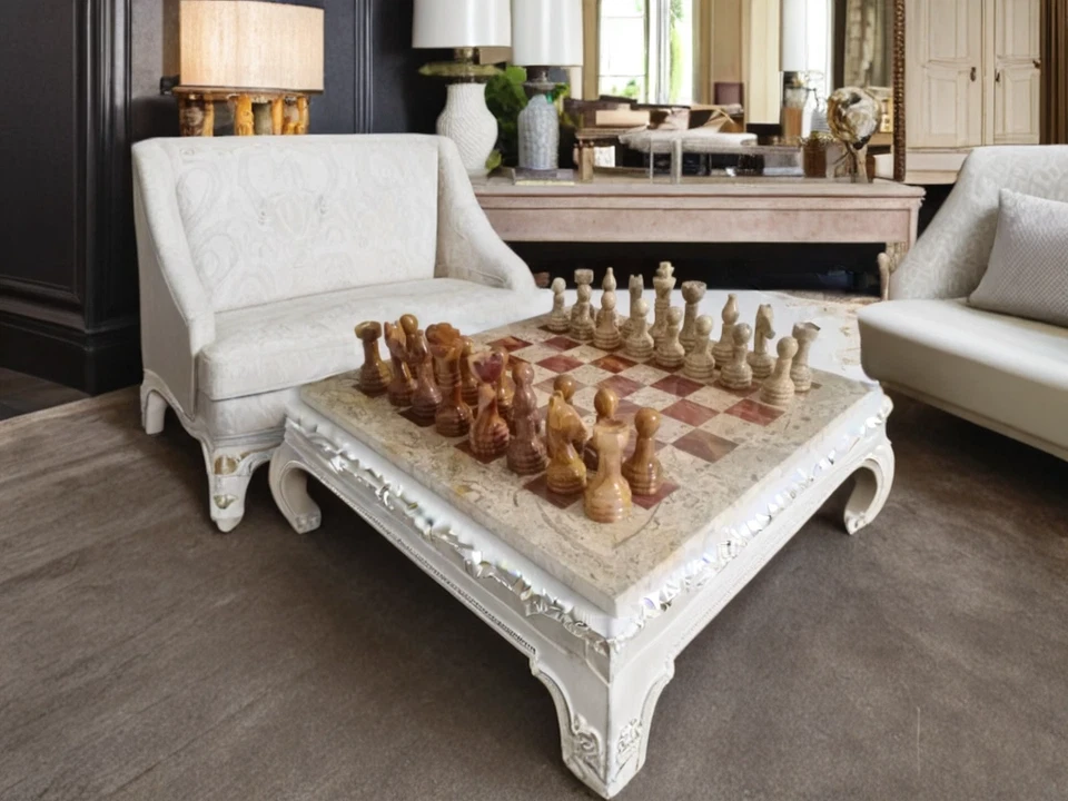 Роскошный набор шахмат ручной работы из ископаемого коралла и красного оникса мрамора 12 дюймов доска — подарочное издание - Изображение 2 из 4