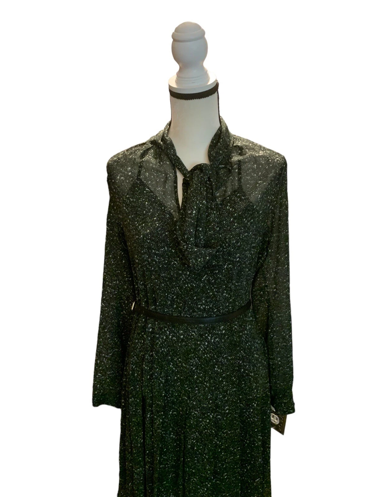 Abito Michael Kors taglia small med verde scuro floreale cravatta collo cintura foderato trasparente