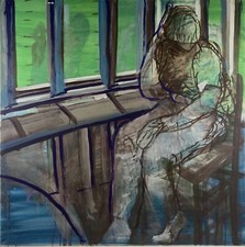 Malerin Brigitte Tietze West-Berlin Ölbild Frau im Raum am Fenster Nr308 100 cm