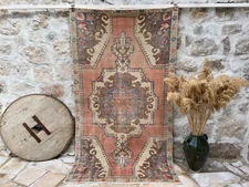 Hand-Woven Vintage Area Rug 4x8 Orange Geometric Wool Carpet Medium Anatolian