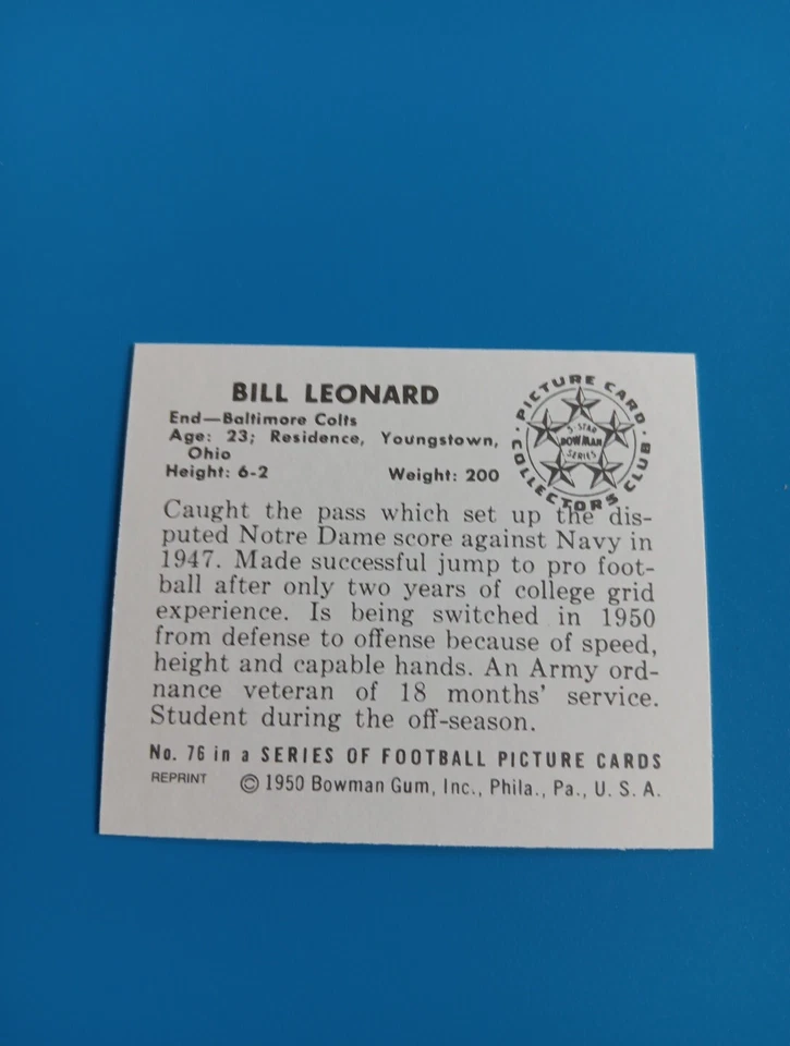 Bill Leonard 1950 Bowman Reprint Football Card Baltimore Colts #76 - Image 2 of 2