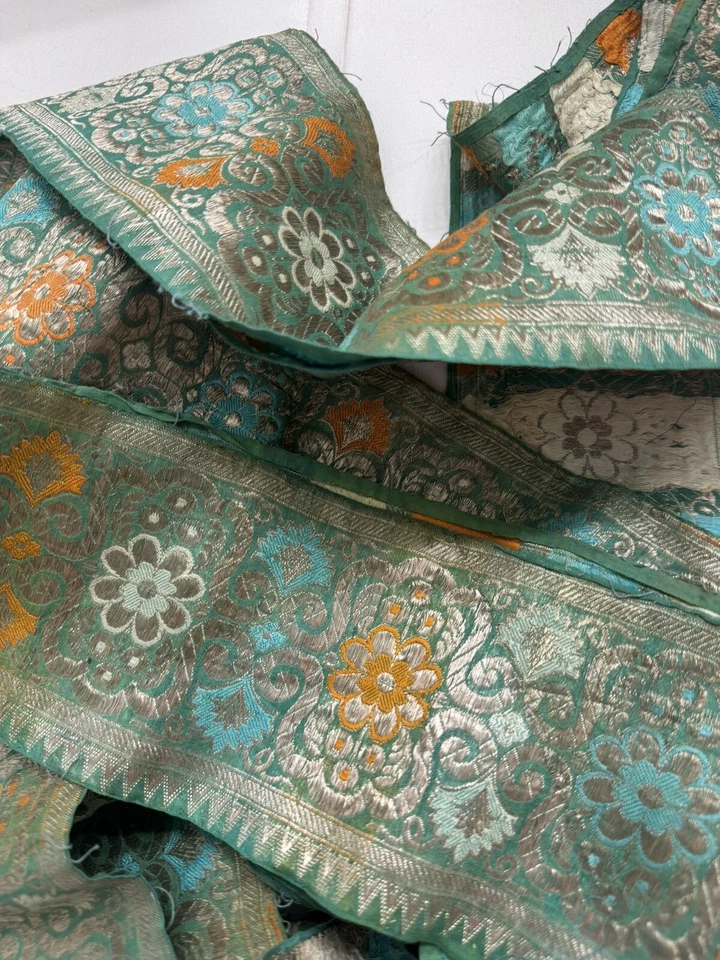 Antique Vintage Jade Green Heavy Silk Brocade Ribbon Silver Metal Thread 5”x 50” - Image 2 of 4