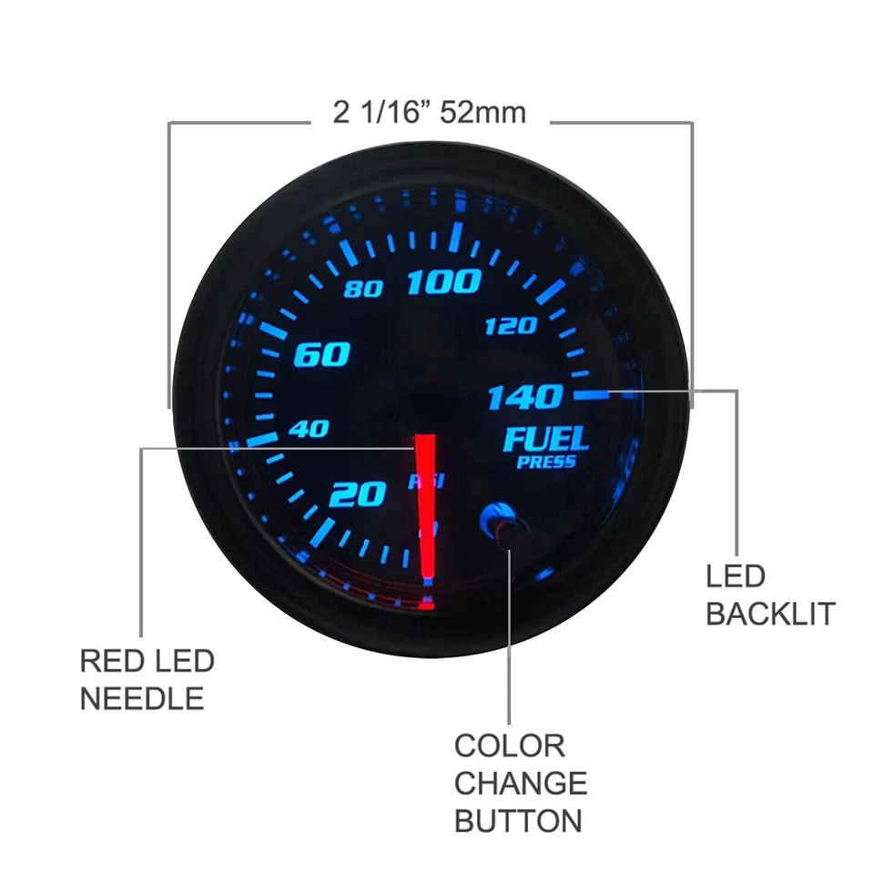 Medidor y sensor de prensa de combustible 2-1/16" 52 mm tintado 7 colores 0-140 PSI Foto 3 de 4
