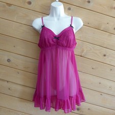 Betsey Johnson Intimates Magenta Pink Babydoll Sheer Slip Dress Sleepwear L