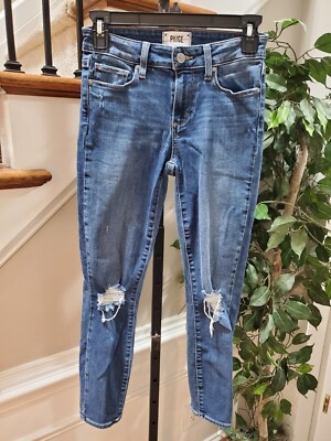 Paige Distressed Blue Denim Cotton Mid Rise Skinny Legs Casual