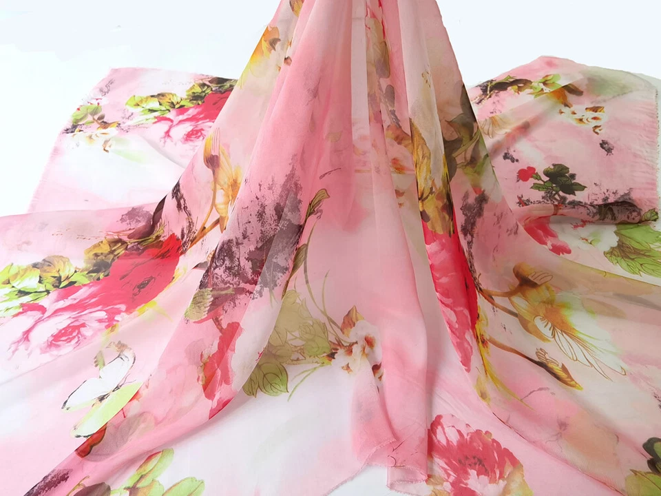 39 Inch X 58 Inch Vintage Floral Chiffon Fabric Soft Dress Hanfu Material 30D - Image 2 of 4