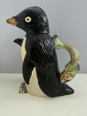 Antique Majolica Teapot Pottery Figural Penguin w/ Fish Handle Shorter Sons UK