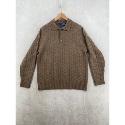 Davis & Squire Polo Sweater Mens M Brown 100% 2 Ply Cashmere Cable Knit Pullover