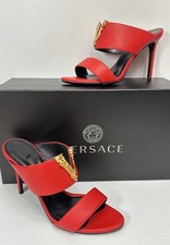 Versace Virtus Cherry Red Gold Logo Leather Heeled Sandals Shoes size 39