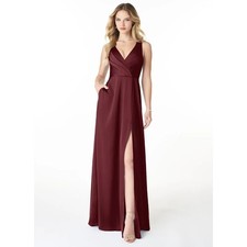 Azazie Nelly Stretch Cabernet A-Line V-Neck Pleated Stretch Satin Dress Size A12