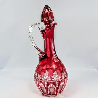 Bohemian Cut To Clear Crystal Cranberry Glass Vintage Decanter Signed 13.5''