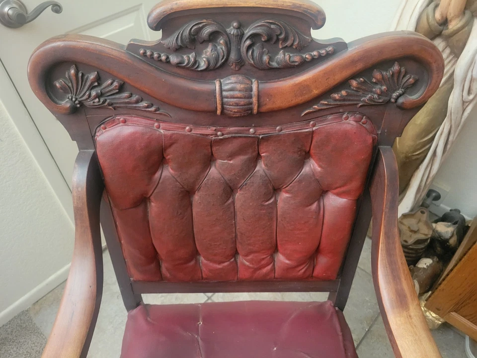 Antique English Estate Leather Rocker Chair 19th Century Carved Vintage Throne - Image 3 of 4