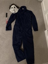 Kids Jason Halloween Unisex Costume Set Coveralls White Mask Prop Knife