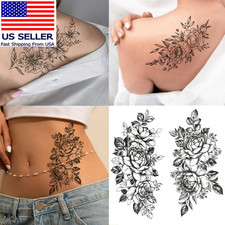 12 Sheets 3D Black Flower Temporary Tattoos for Women Rose Peony Flower Sketch T