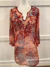 Raj Silk Size Small Embroidered Floral Sheer Boho Long Sleeve Tunic Top
