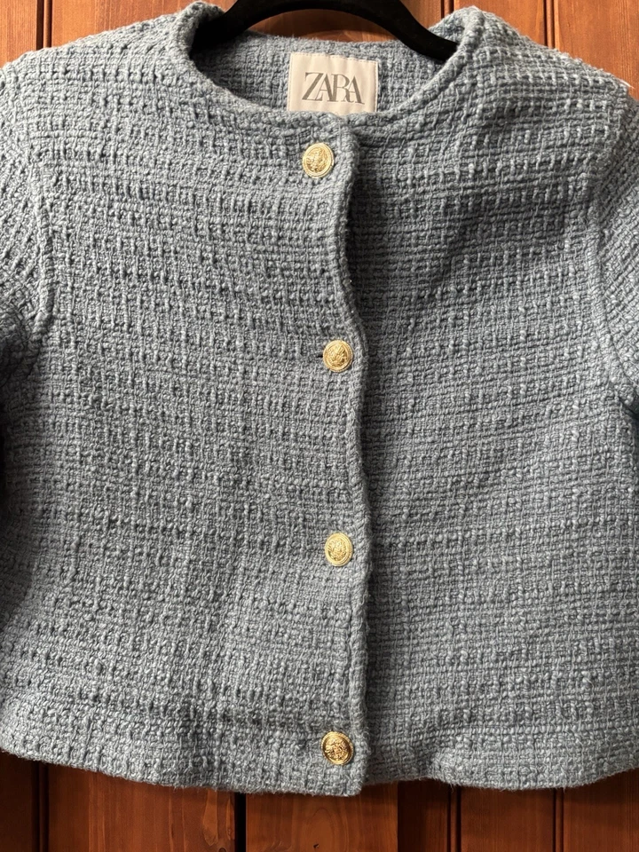 ZARA Kids Girl Light Blue Tweed Jacket Textured Blazer Size 13-14 Years - Image 3 of 4