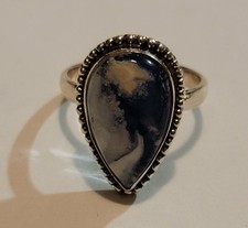 Blue Dendritic agate, 925 Sterling Silver Ring, Size 7.