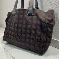 CHANEL New Travel MM Coco Mark Brown Leather Canvas Tote Bag